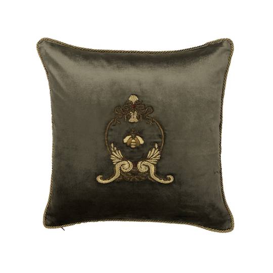 Sanctuary Cushion Cover - Hand Embroidered Velvet Olive Green Emblem